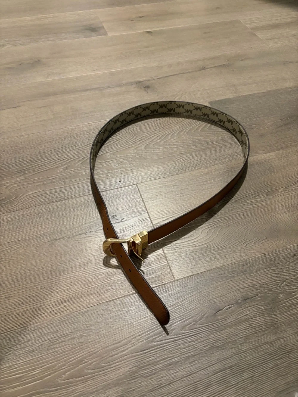 Michael Kors Beige Monogram Leather Logo Belt with Gold Buckle